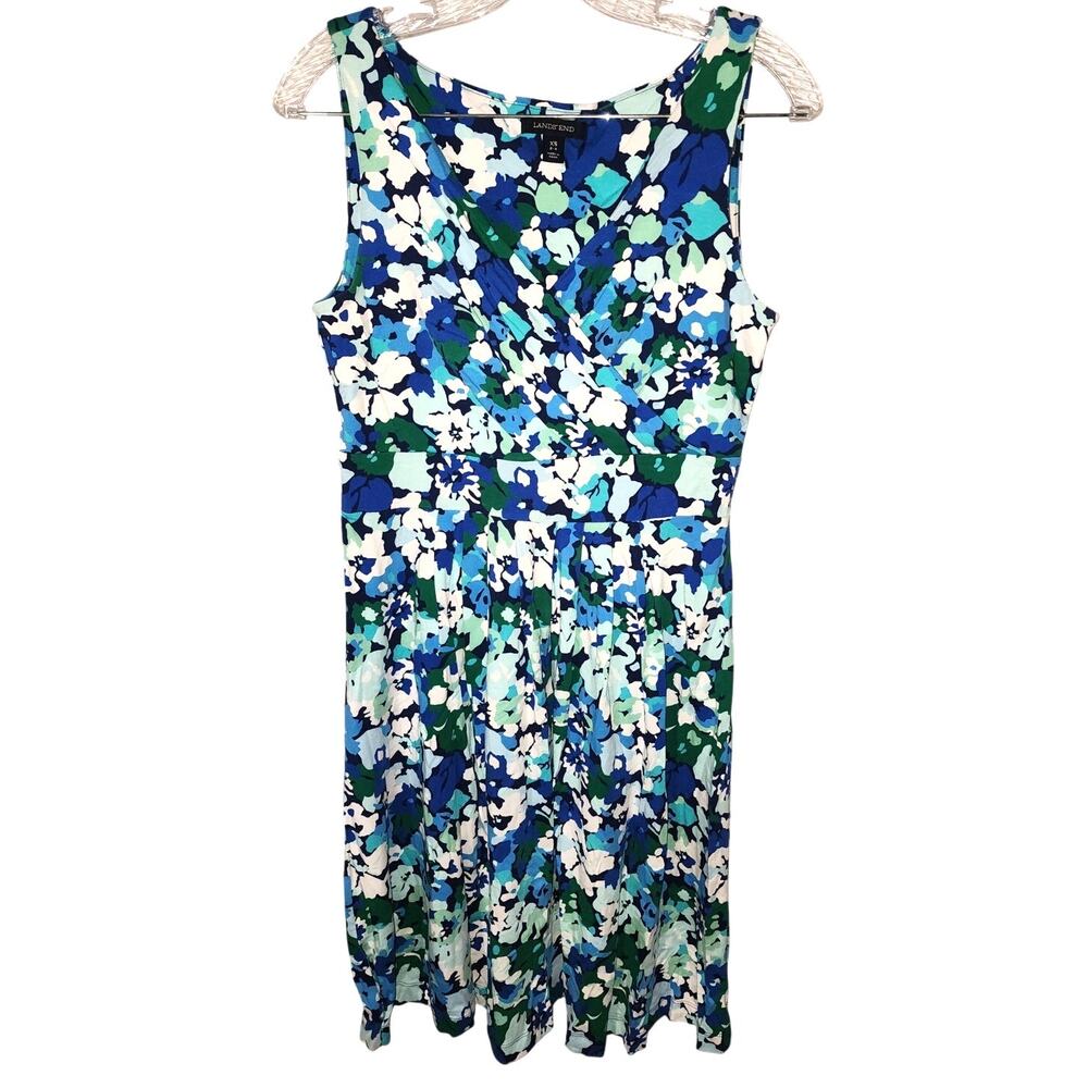 Lands' End sleeveless blue teal white floral print faux wrap V-neckline dress XS